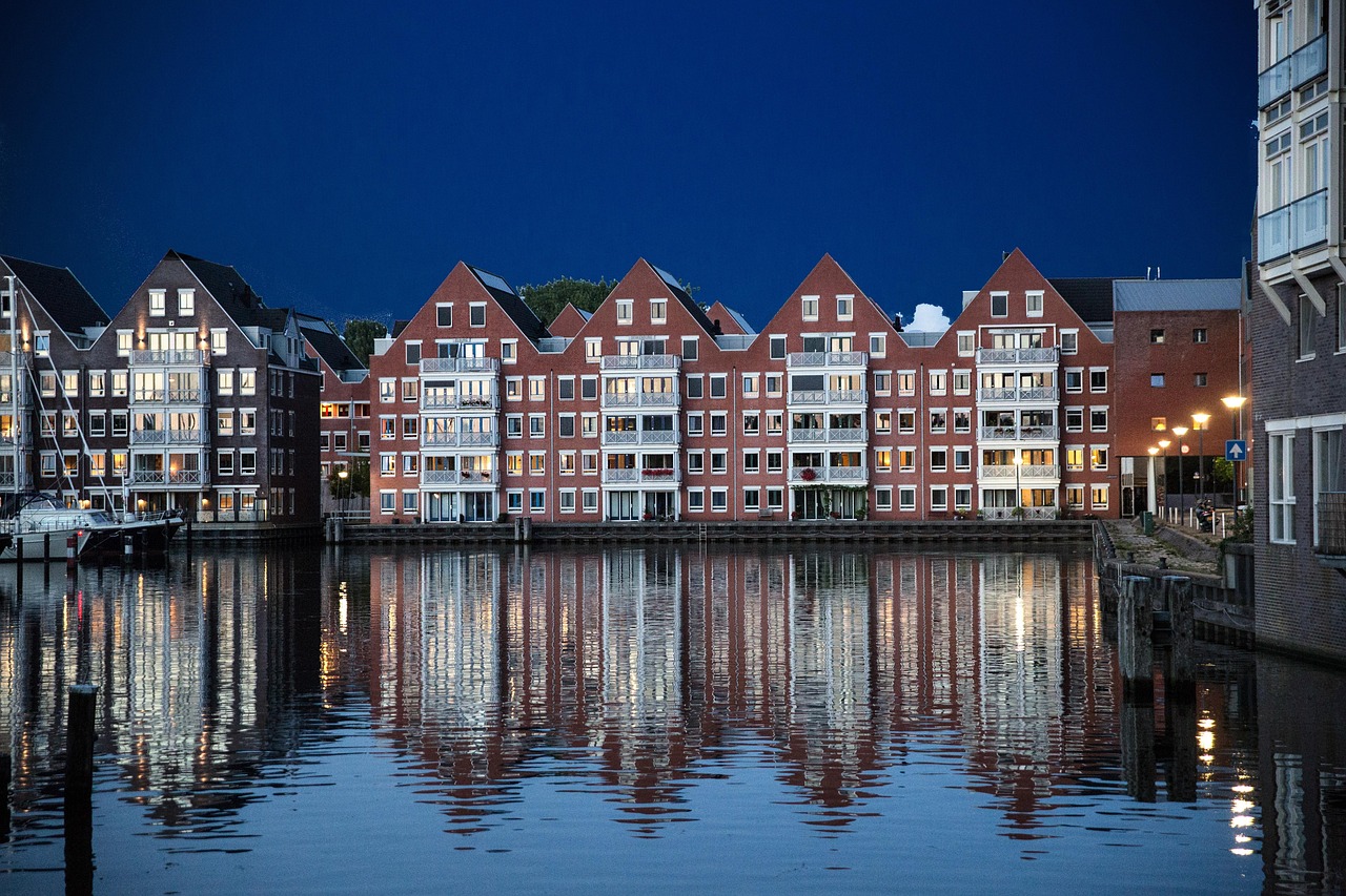 Waterfront buildings at night